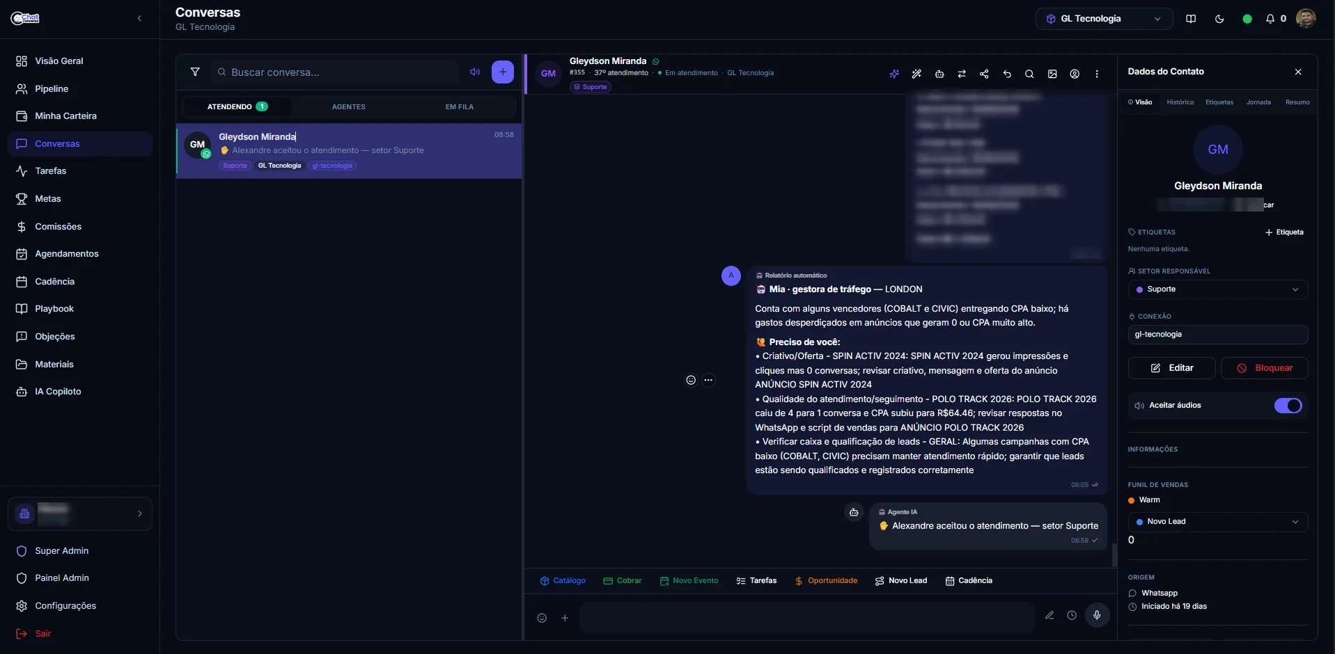Tela de conversas do Chatconversa com painel do contato