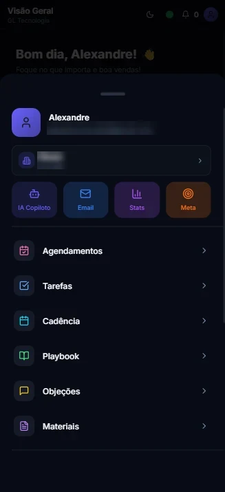 Menu do celular com agendamentos, tarefas, cadência e playbook